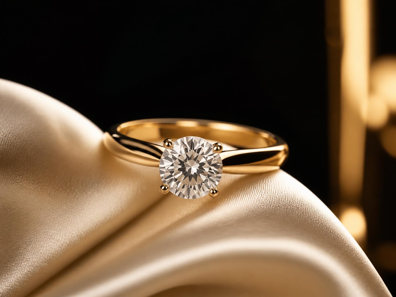 Solitaire diamond engagement ring in 14k gold resting on silk
